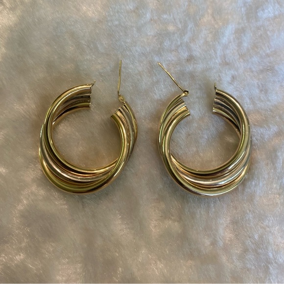 ☘️925 1/15 14K AU Gold & Silver Triple Hoop Earrings - Picture 2 of 4